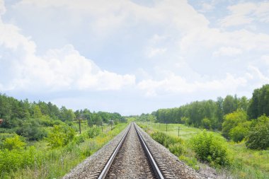 Yaz yeşil alanları ile bir demiryolu. Bulutlar ile güzel yeşil demiryolu ağacı manzara gökyüzü. Güzel manzara. Demiryolu taşımacılığı. 