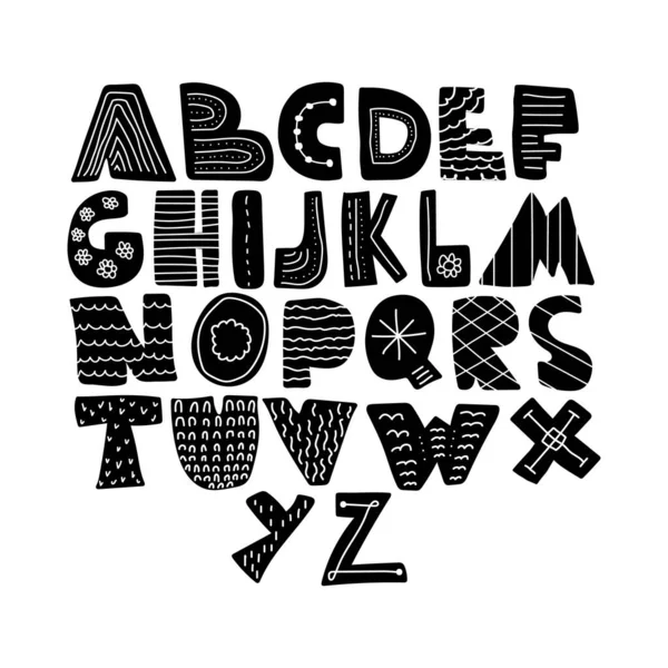 字母手绘字体为民间北欧风格 大胆大写字母单色与抽象丑闻鸟类装饰 Abc托儿所孩子气字体隔离在白色上 — 图库矢量图片