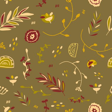 Paket tasarımı, ağ, kumaş, ambalaj kağıdı ve hediyeler için kahverengi sarı renklerde çiçeksiz desenler. Renkli kahve çiçekleri arka plan için el çizimi tarzında duvar kağıdı.