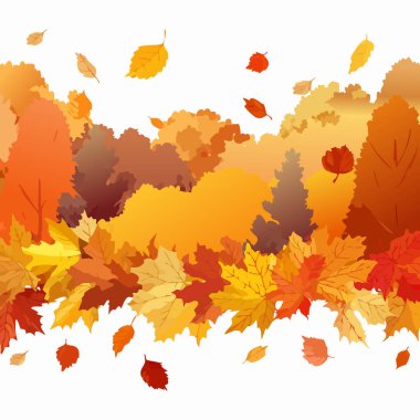 Düşen yapraklarla güzel bir sonbahar arkaplan çizimi, turuncu, sarı ve kırmızının ılık tonlarında renkli ağaçlar. Mevsimlik sonbahar manzarası tasarımı afişler, posterler, tebrik kartları için mükemmel.