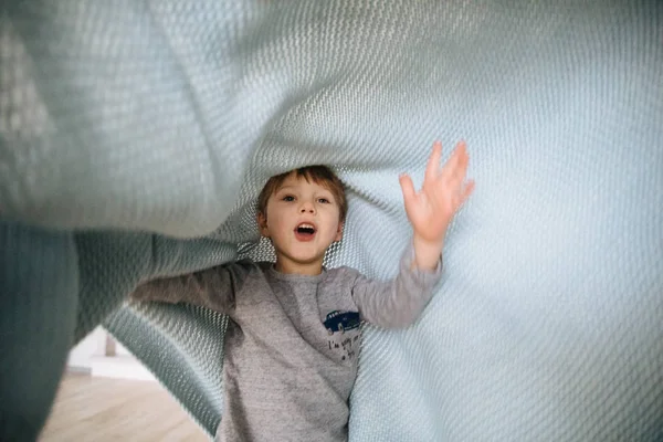 Porträtt Glad Liten Pojke Täckt Med Blå Filt — Stockfoto