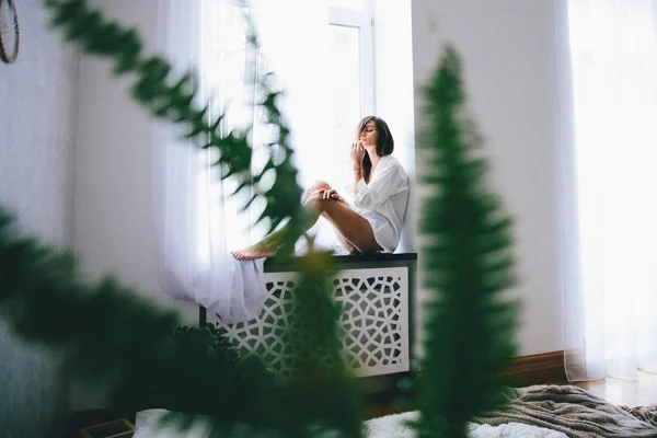 Young Woman Sitting Windowsill Bedroom Home — Stock Photo, Image