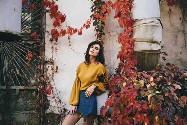 Jonge Vrouw Straat Met Kleurrijke Herfst Bladeren Rond — Stockfoto