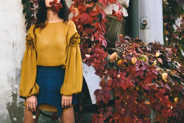 Gedeeltelijke Weergave Van Vrouw Straat Met Kleurrijke Herfst Bladeren Rond — Stockfoto