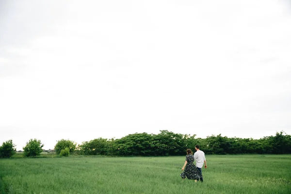 Junges Paar Einem Sommertag Auf Der Grünen Wiese — Stockfoto