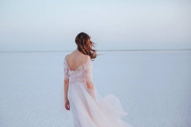 Sahilde düğün elbise gelin dokunmadan. Arkadan görünüm.