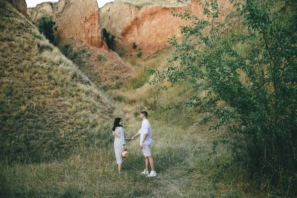 Retrato ao ar livre de caminhando jovem casal grávida em campo. Visão lateral traseira — Fotografia de Stock