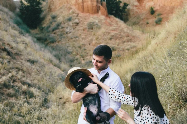 Udendørs portræt af gående unge gravide par har det sjovt med en hund i marken - Stock-foto