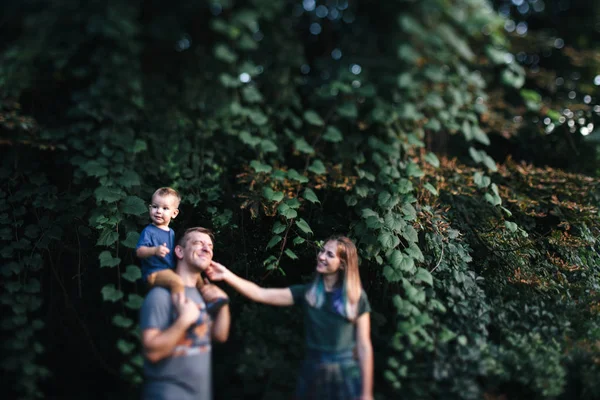 Feliz joven familia padre, madre e hijo pequeño abrazando y tocando al aire libre, jugando juntos en el parque de verano —  Fotos de Stock