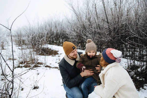 Feliz família se divertindo no fundo das árvores de inverno . — Fotografia de Stock