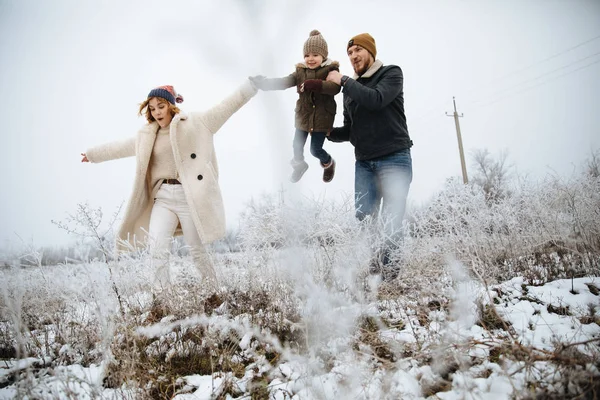 Mutlu aile kar alanı arka planda eğlenmek.