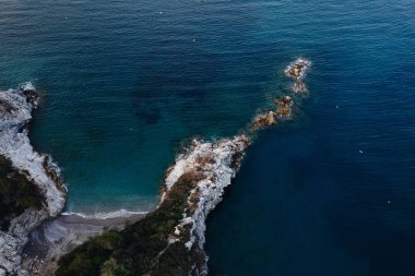 Sea Spit in Capri, Italy. View from the copter. Coastline with the beach and the sea. Nature conservation. View from the sky. The photo was taken by drone quadcopter.