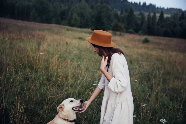 Chica y su amigo perro están jugando en el fondo del campo de paja. Hermosa joven mujer relajada y despreocupada disfrutando de una puesta de sol de verano con su adorable perro —  Fotos de Stock