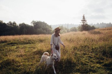 Güzel genç kadın saman alan arka planda onu güzel köpek ile bir yaz günbatımı zevk rahat ve kaygısız