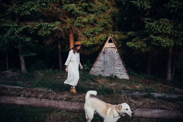 Frau ziemlich tragen erstaunliche weiße Kleid und Hut gehen mit einem Hund auf Wald und hölzernen Pergwam-Hintergrund. perfekter Ort für die Zeremonie. — Stockfoto