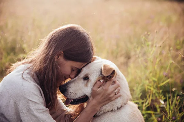 Girl and her friend dog on the straw field background. Beautiful young woman relaxed and carefree enjoying a summer sunset with her lovely dog — Stock Photo, Image