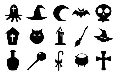 Cadılar Bayramı simgeleri balkabağı, örümcek, kedi, yarasa, kafatası, perili ev, ay, ağ, süpürge içeren siyah siluetler toplar 