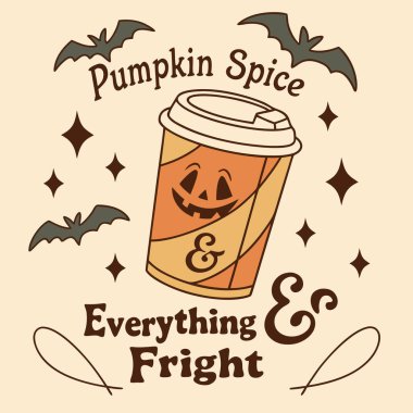 Balkabağı Baharatlı Kahve Cadılar Bayramı İllüstrasyonu, Şirin Sonbahar İçeceği, Komik Korku Alıntısı, Ürkütücü Yarasa Tasarımı