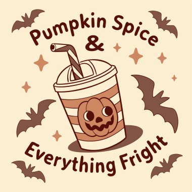 Balkabağı Baharatlı Kahve Cadılar Bayramı İllüstrasyonu, Şirin Sonbahar İçeceği, Komik Korku Alıntısı, Ürkütücü Yarasa Tasarımı