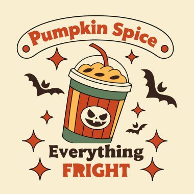 Balkabağı Baharatlı Kahve Cadılar Bayramı İllüstrasyonu, Şirin Sonbahar İçeceği, Komik Korku Alıntısı, Ürkütücü Yarasa Tasarımı