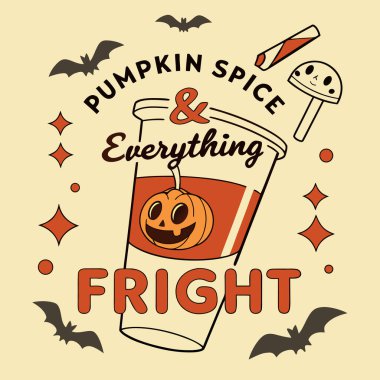 Balkabağı Baharatlı Kahve Cadılar Bayramı İllüstrasyonu, Şirin Sonbahar İçeceği, Komik Korku Alıntısı, Ürkütücü Yarasa Tasarımı