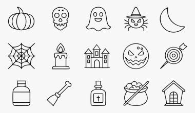 Cadılar Bayramı çizgisi simgeleri seti, balkabağı, hayalet, kafatası, örümcek, ay, mum, perili ev, şeker, süpürge, iksir, kazan, ürkütücü ana hatlar elementleri