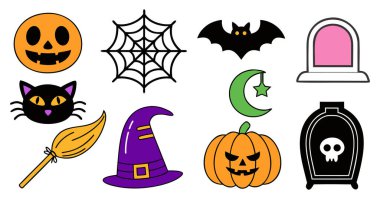 Cadılar Bayramı balkabağı, yarasa, kara kedi, cadı şapkası, süpürge, örümcek ağı, ay, yıldız, mezar, kafatası, ürkütücü karikatür tatil seti