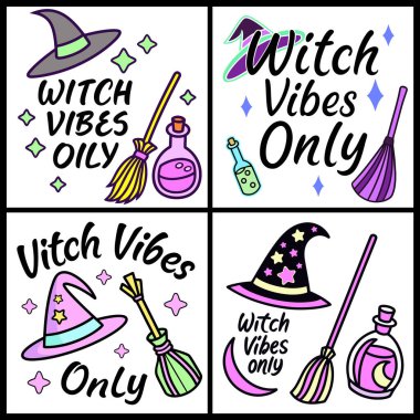 Cadılar Bayramı cadı çıkartmalarının tırnak içinde olduğu vektör koleksiyonu. Cadılık sembolleri 'Sadece Cadı Titreşimleri' metni.