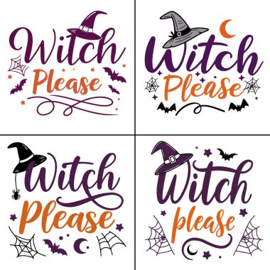 Cadı Lütfen, komik bir Cadılar Bayramı tipografisi. Cadı şapkası, sallanan örümcek, ağ ve yarasalar. Ürkütücü sezon tasarımları için vektör illüstrasyonu.