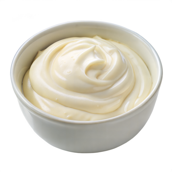 Küçük bir seramik kasede kremalı mayonez sosu. Yemek pişirmek için temel besin maddesi..