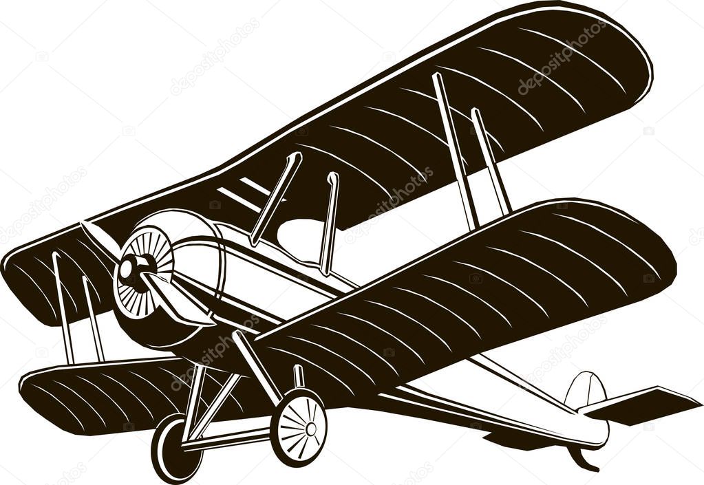 Biplane retro airplane monochrome black graphic clip art vector illustration