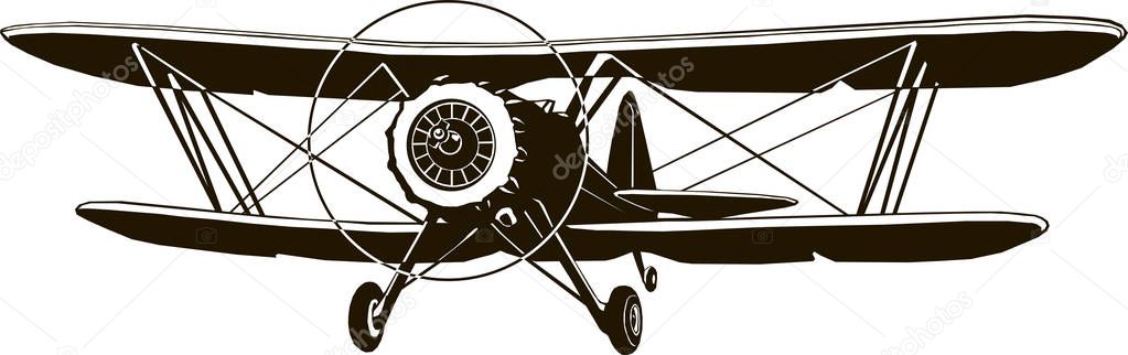 Biplane retro airplane monochrome black graphic clip art vector illustration old aircraft