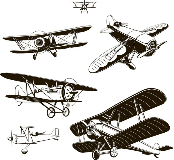 Vintage biplanes set vector negro viejo, logotipo, emblema, etiqueta — Archivo Imágenes Vectoriales