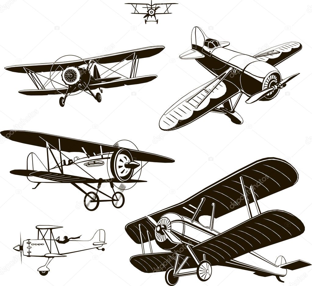 Vintage biplanes set vector monogram logo aircraft retro