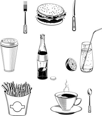 cafe gıda vektör seti siyah fast-food monogram