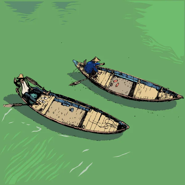 Barcos en el río, Vietnam, ilustración vector de color — Archivo Imágenes Vectoriales