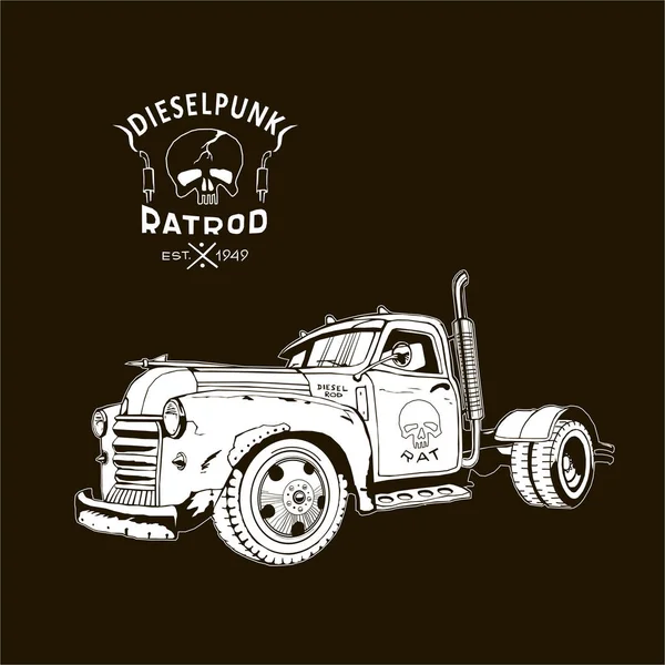 Camión diesel ratrod dieselpunk 2x4 blanco sobre negro, retro, imagen vectorial — Vector de stock