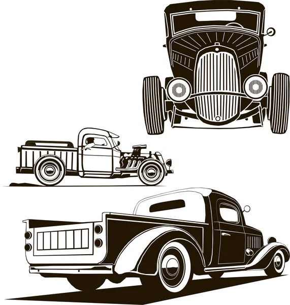 Vector classic hot rod car set, clip art, monograma, ilustración gráfica, vista frontal, vista lateral, aislado — Vector de stock