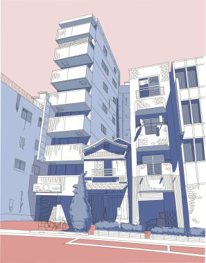 Tokio cityscape vektör illüstrasyon mavi ve pembe renk el sanat