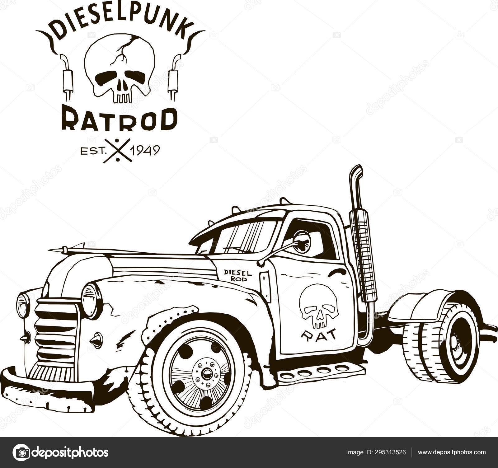 柴油朋克热棒卡车， 孤立， 矢量艺术， 库斯托姆库尔特， 后启示僵尸战争图库矢量图©hdinc 295313526, image size:1600x1504