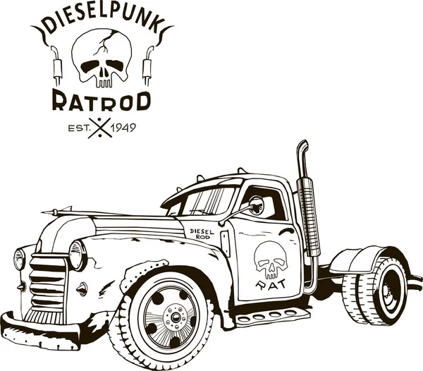 Diesel punk hot rod camión, aislado, artes vectoriales, kustom kulture, post apocalipsis guerra zombie — Archivo Imágenes Vectoriales