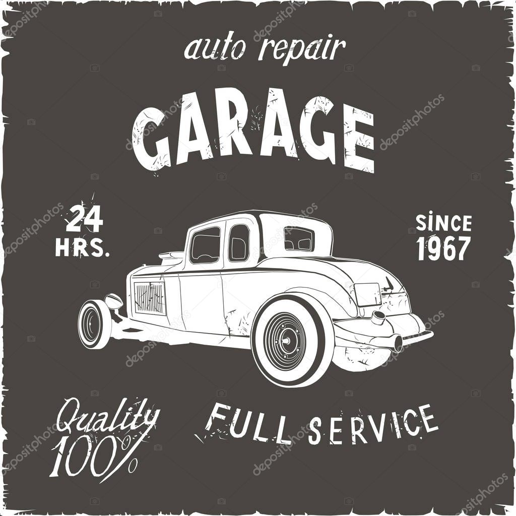 Garage full service retro poster black vector monogram auto repair hot rod custom, retro metal sign