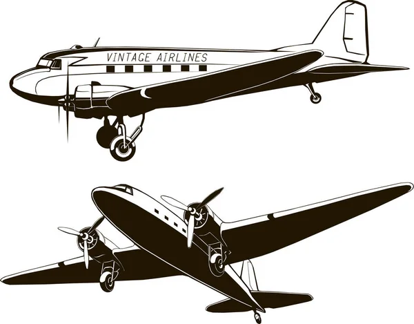 Vector vintage avión de pasajeros, arte vectorial, monograma, aislado, dibujo a mano — Vector de stock