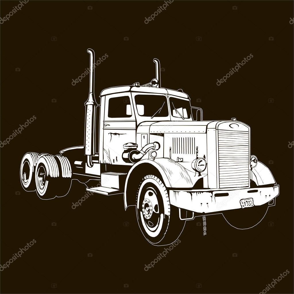 retro truck classic diesel vehicle cargo isolated semi trailer truck 18 wheeler tractor big rig lorry white on black