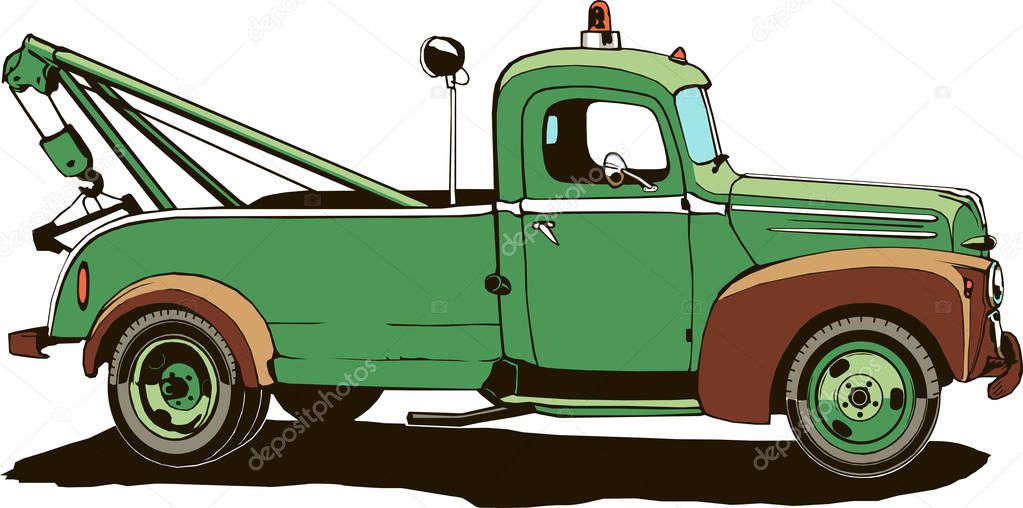 Vintage tow truck, vector illustration, logo, green color isolated