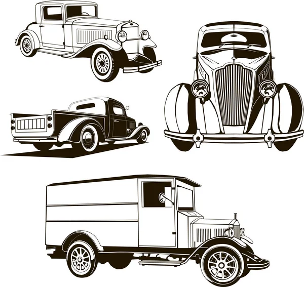 Vector ilustración 4 coches retro conjunto aislado un símbolo de color logotipo dibujo a mano clip arte monograma, 1920-1940 años de estilo — Archivo Imágenes Vectoriales