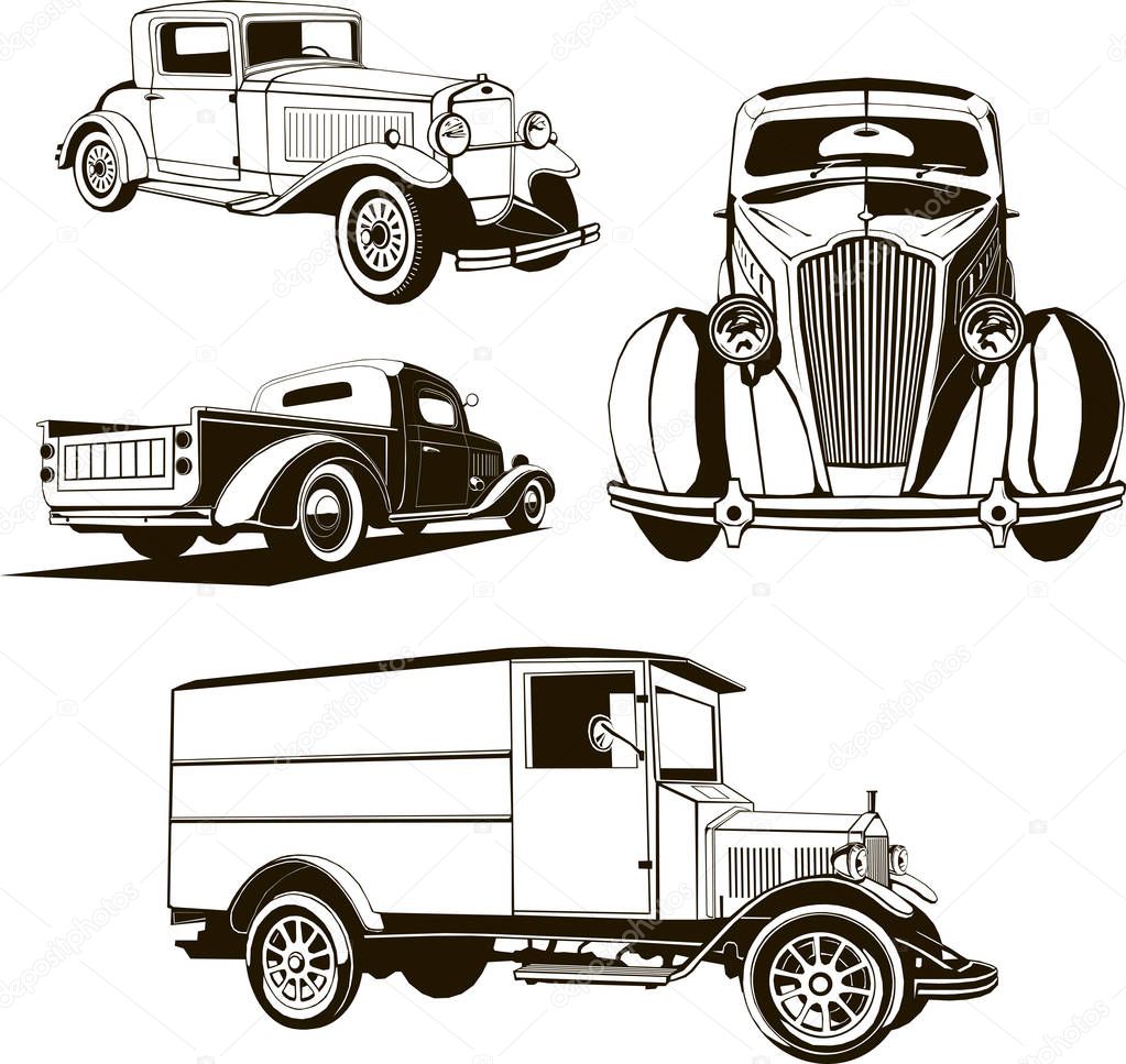 vector illustration 4 retro cars set isolated one color symbol logo hand drawing clip art monogram, 1920-1940 years style
