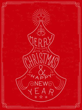 Noel ve yeni yıl ağacı, yazı, grafik çizim, vektör illüstrasyon, monogram, kırmızı renk beyaz