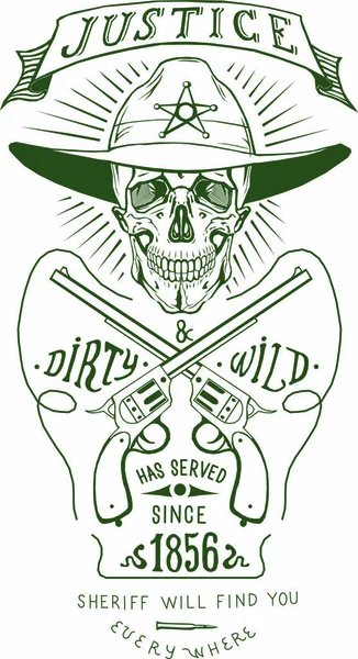 Cráneo sheriff vector arte logo revólver logo western America estilo sombrero vaquero etiqueta — Vector de stock
