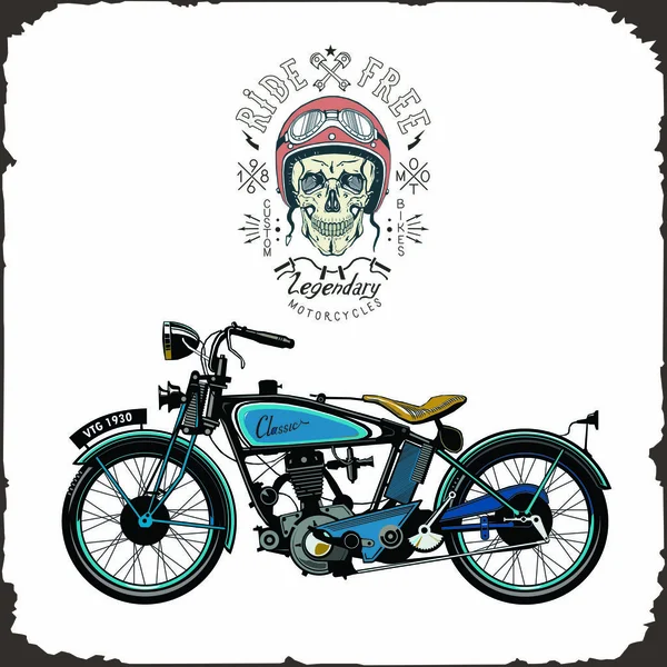 Cráneo jinete y moto vieja color logo vector moto retro etiqueta cartel — Archivo Imágenes Vectoriales